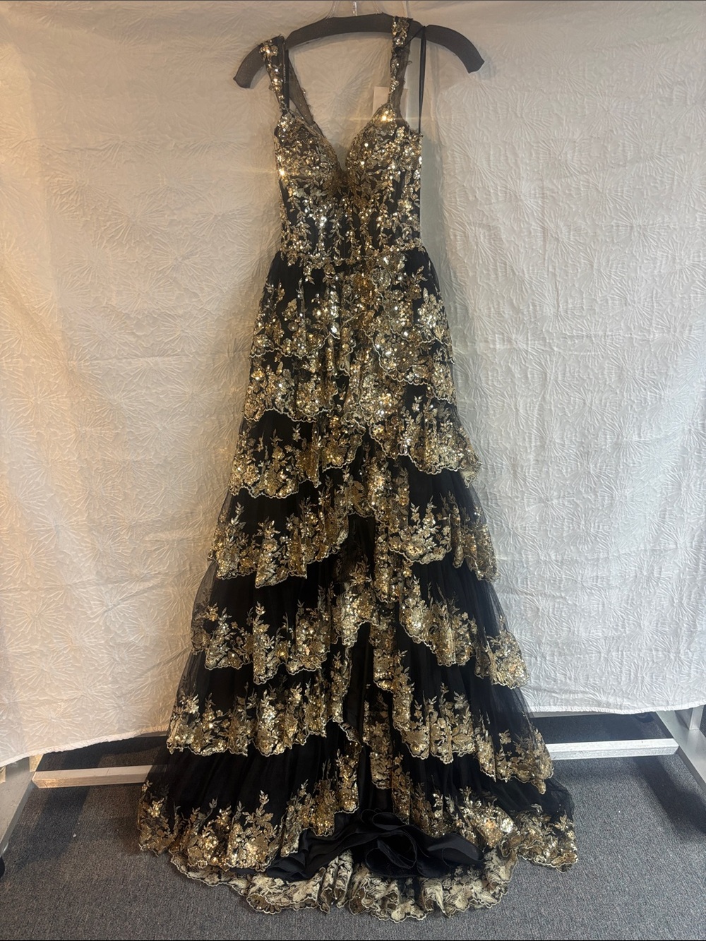 Sherri Hill 55500 Black and Gold Embellished Tiered Sequin Gown